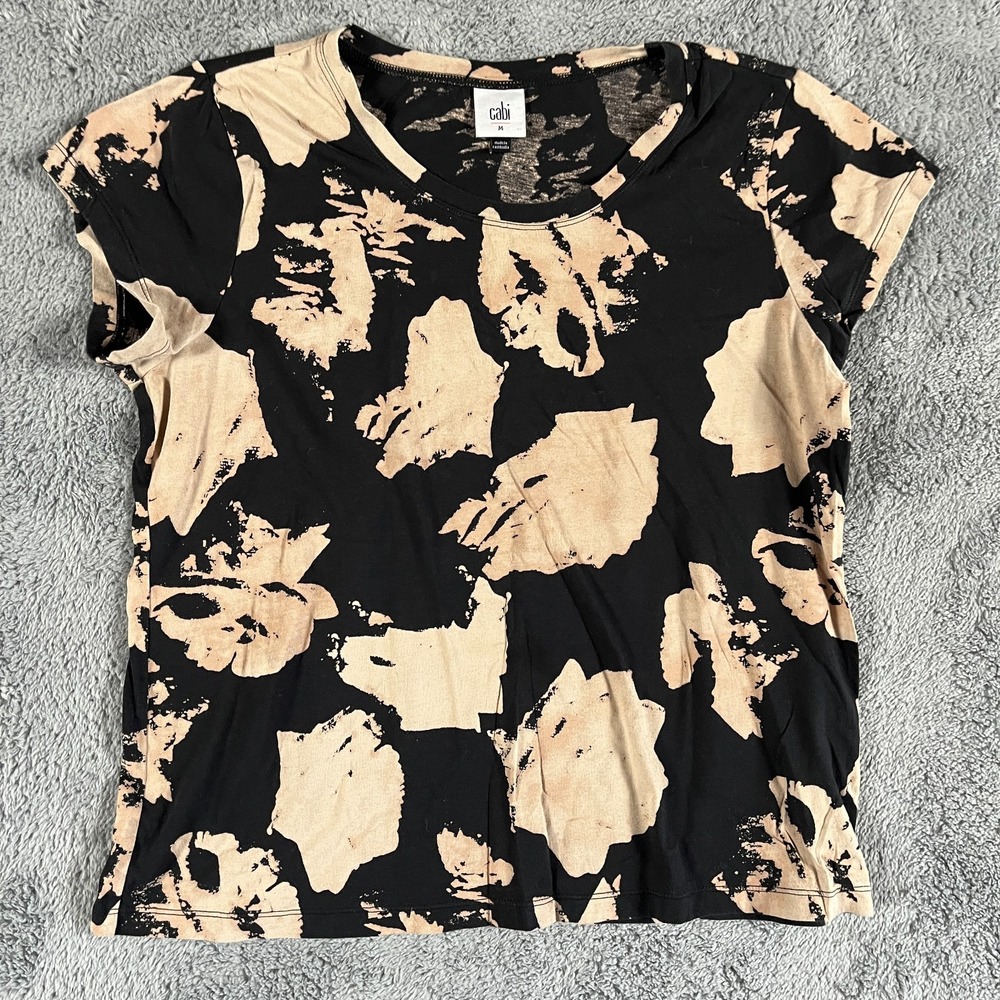 Cabi Flash T-Shirt Womens Medium Black Cream Floral Print Short Sleeve Crew Neck